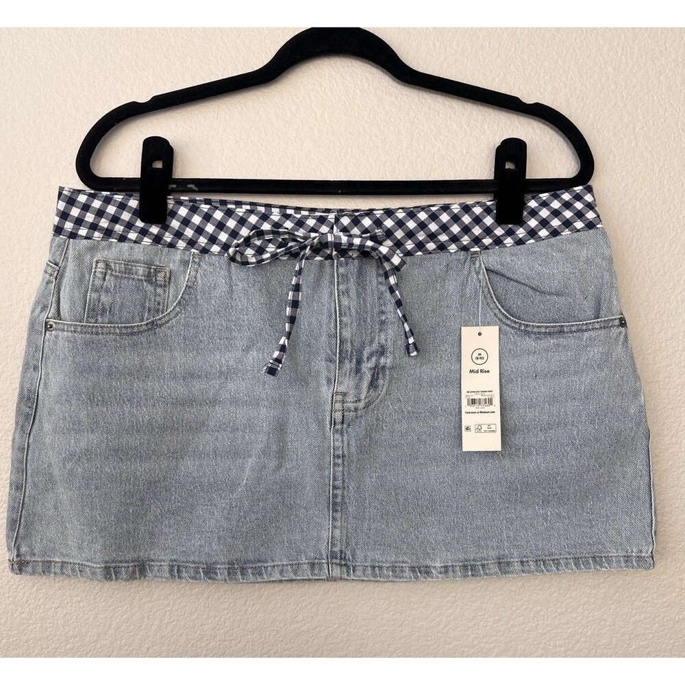 No Boundaries Denim Jean Mini Skirt Gingham Tie Waist Medium Y2K Cottagecore